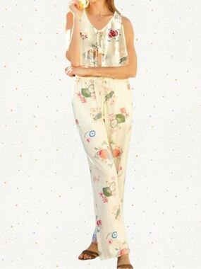 Leisurewear Brand Cali 1850 Women’s Printed Linen Beach Pants & Top Ecru XL NWT